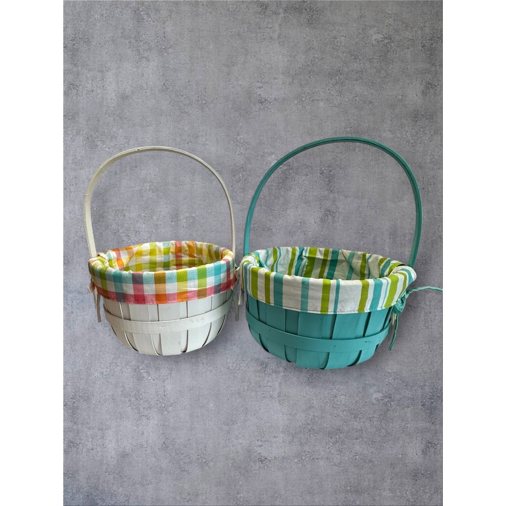 Baskets and Grass Easter Basket Set of 2 Kids White Teal Gingham Striped Slats